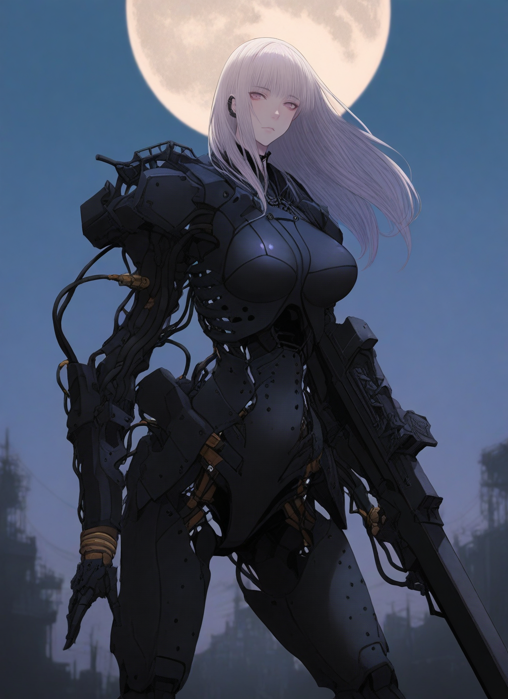 masterwork, jtts, 1girl, cyborg, weapon, cybernetic body, wires, cables, daytime, moon, vibrant colors, detailed, masterpiece, best quality, newest, absurdres, highres, <lora:SDXL\Illustrous\Jittsu_style:1.0>