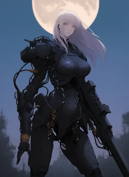 masterwork, jtts, 1girl, cyborg, weapon, cybernetic body, wires, cables, daytime, moon, vibrant colors, detailed, masterpiece, best quality, newest, absurdres, highres, <lora:SDXL\Illustrous\Jittsu_style:1.0>