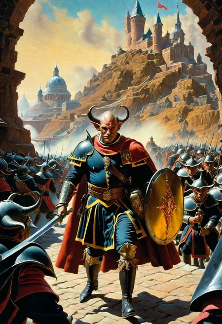 A hyperrealistic 8k photograph was captured by Sid Avery's Hasselblad camera, depicting close-up a handsome+ Tiefling shield bearer with pink+++ skin and slender build during a battle+++, surrounded by goblins++, He has a bald head, neon yellow eyes, calm++ and handsome+ and detailed face, cold smile++, mysterious and ominous aura of dark shadows enveloping the figure, Lovecraftian Horror-themed, in the artistic style of Boris Vallejo, Shadows casting an uncanny atmosphere, hints of eldritch dark energy crackling, He is dressed in a Swiss Guard uniform, high details and era-appropriate, He is wielding a magically radiating+ Backsword+ in the right hand, and he is holding a steel shield+++ in the left hand, Backdrop (background) of a focused scene of a battle with goblins++ next to a black palace, Mysterious composition, imbued with a dark, ambient 3d warm studio backlight.