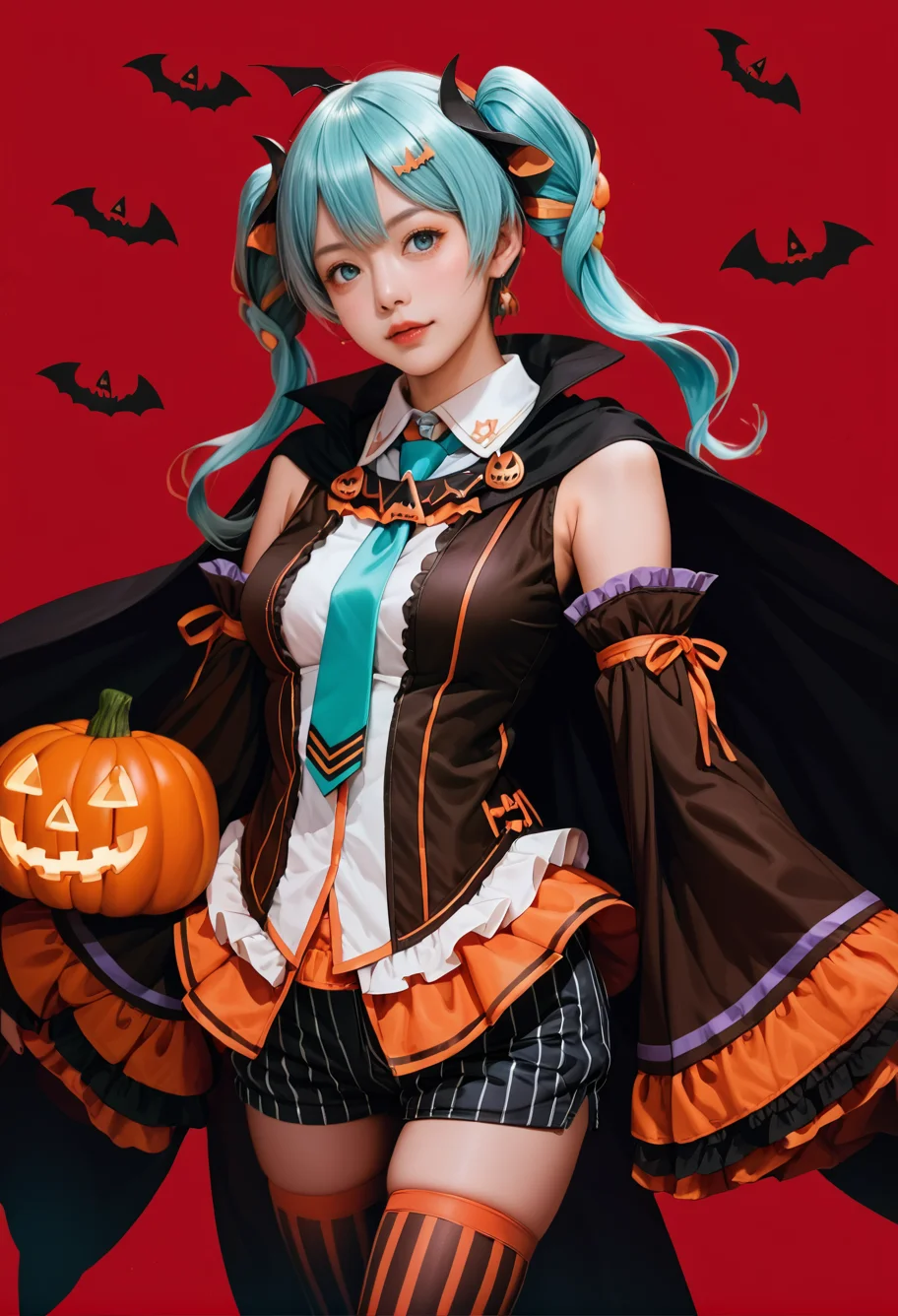 1girl,cowboy shot,red background,,ruanyi1053,aqua necktie,cape,detached sleeves,frills,halloween costume,jack-o'-lantern,vertical-striped thighhighs,vertical-striped shorts,wide sleeves,<lora:1053 halloween costume_v1_pony:1>, score_9,score_8_up,score_7_up,,8k,1girl,solo,,