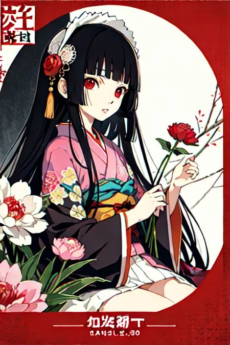 enma ai, hair down, hair black, bangs, eyes red, masterpiece, best quality, ultra-detailed, illustration, 1girl, solo, highres, photorealistic, ultra high res, (Original illustration composition), (fusion of limited color,Maximalism artstyle, kimono obi fashion, double exposure, background, illustration, Amazing, lily spider, night darkness, open one's mouth, middle finger show, bouquet flowers red, low twintails, (polychromatic peony:1.15), Movie poster,