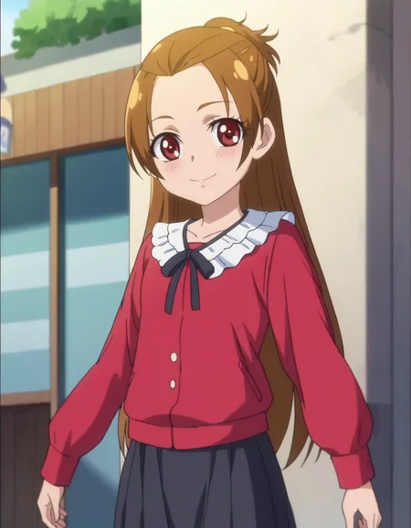 score_9, score_8_up, score_7_up, anime screencap, solo,1girl,madokaaguri,red shirt, black skirt, black ribbon, neck ribbon,long sleeves looking at viewer,cowboy shot ,small breasts,blush,smile<lora:madokaaguri:0.8>