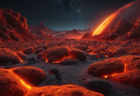 (multiverse, cosmic, (concealed inside the subject: lava flow, dwindling flow, eroded rocks, vanishing sky, nightsky, warm colors, stars, realistic, trending on artstation, 3d, (high quality:1.2), (masterpiece:1.2), high details, colorful) best quality, highres, Romanticism,Anti-Art, vibrant lava