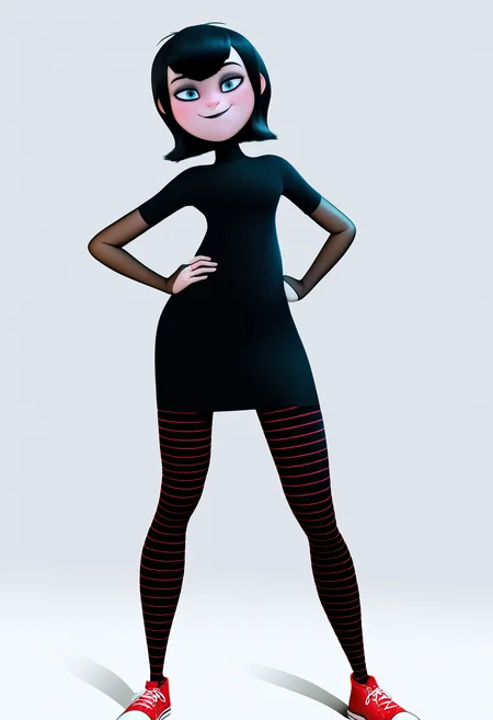 best quality, amazing quality, very aesthetic, absurdres,
1girl, mavis, black hair, bangs, blue eyes, black lips,
black dress, bridal gauntlets, short sleeves, red sneakers, striped thighhighs,
standing, hands on hips,
smile,
solo, looking at viewer, simple background, white background <lora:MavisNoobXL_byKonan:1>