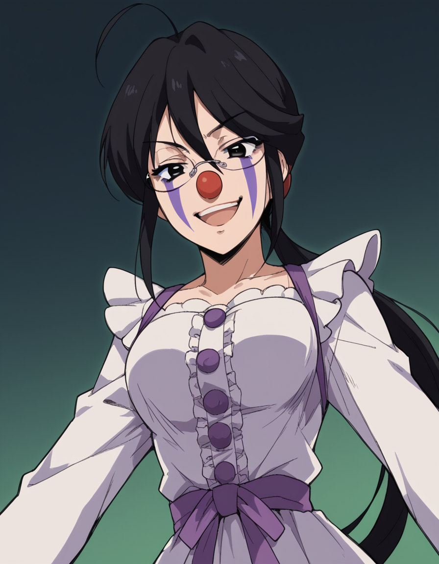score_9, score_8_up, score_7_up, source_anime, <lora:sae-shirai-s1-ponyxl-lora-nochekaiser:1>, sae shirai, long hair, black hair, ponytail, ahoge, glasses, black eyes, hair between eyes, sidelocks, medium breasts,, <lora:clown-ponyxl-lora-nochekaiser:1>, clown, makeup, clown nose, facepaint, gloves, long sleeves, frills, dress,, smile, open mouth, smug, , dutch angle, cowboy shot