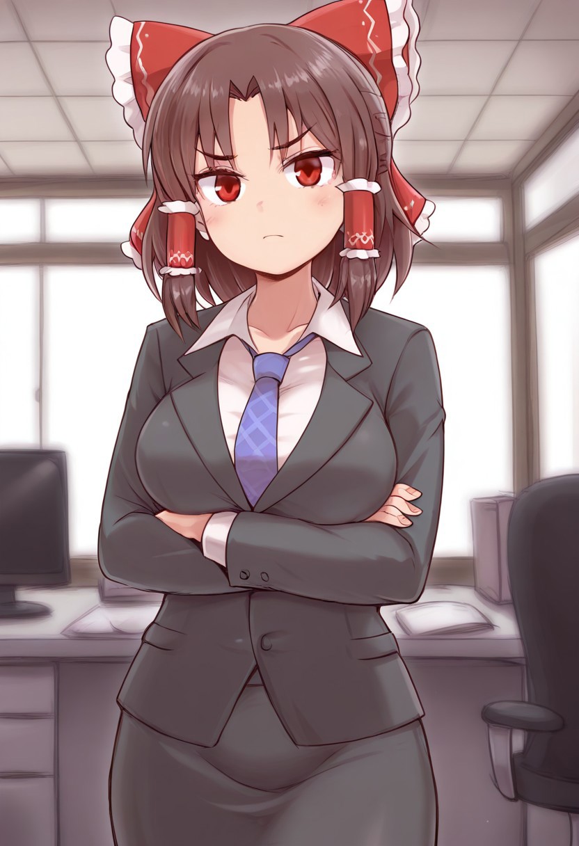 best quality, cowboy shot, 
1girl, solo, sananana \(cookie\), hakurei reimu,
office lady, crossed arms, arms under breasts, looking at viewer,