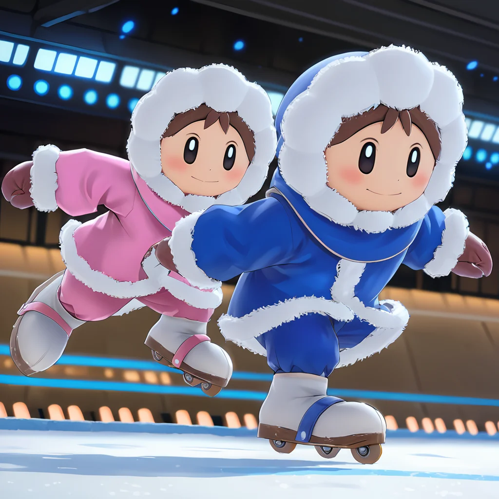 <lora:IceClimbersXL:0.75> iceclimbersxl, twins, skating, pink coat, blue coat, (anime, masterpiece, intricate:1.3), (best quality, hires textures, high detail:1.2), (4k),(incredibly detailed:1.4),UHD, 8K, ultra detailed