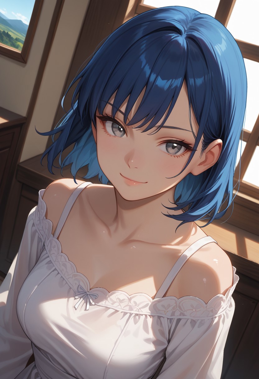 (score_9, score_8_up, score_7_up), 1girl, solo, blue hair, grey eyes, medium hair, medium breasts, bangs, shiny skin, collarbone, long white dress, sleeves, (close-up:1.5), dynamic lighting, arched back, window, sunset, landscape, indoors, mansion, looking at viewer, smug, dutch angle, high angle view