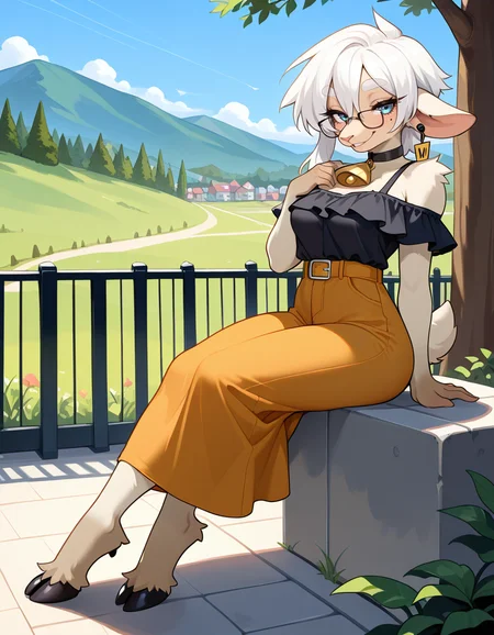 masterpiece, best quality, very aesthetic, absurdres,
outdoors, casual, 
full body, posing, 
 seductive smile, parted lips, long eyelashes,
 <lora:Wilma_v01_NAIXL:1>
W11m4,1girl,solo,furry,furry female,animal ears,earrings,ear tag,white hair,short hair,hair between eyes,blue eyes,glasses,snout,mole under eye,animal nose,black choker,neck bell,body fur,white fur,tail,hooves,