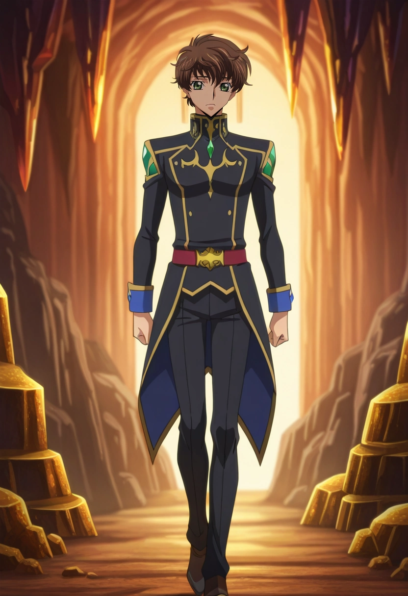 masterpiece, best quality, , anime screencap, anime coloring, official style, looking at viewer, 1boy, solo, male focus, <lora:suzaku_kururugi_ilxl:0.98>, suzaku_kururugi, brown hair, green eyes, uniform, dragon sanctuary, sleeping dragons, treasure hoard, crystal cave, careful stepping, quiet expression, warm lighting, decade costume