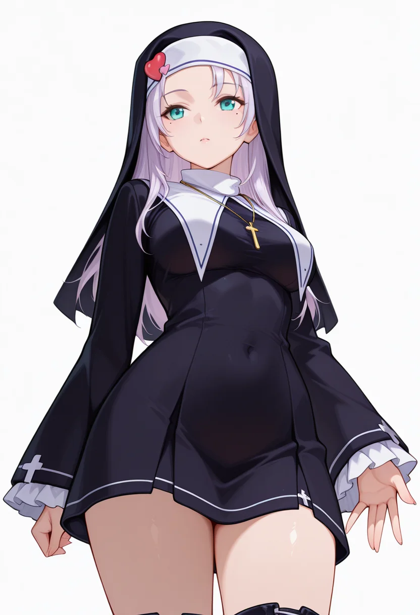 Smooth Quality,masterpiece,very intricate, high quality details, ultra realistic, high detailed skin,detailed enviorement,absurdres,
beckoning,
 <lora:Kate_Takayama_CNR:0.8> kate_cnr, 1girl,light purple  hair, long hair, aqua eyes, mole under eye,nun, habit,cross necklace, heart ornament,boots,, simple background, white background, from below,solo,, uwu,