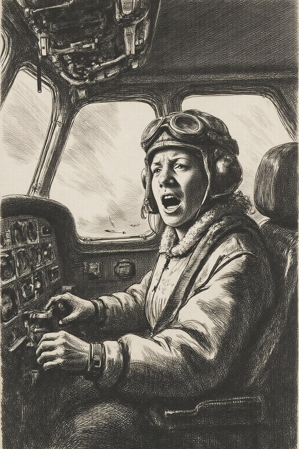Black and white rembr1 etching. A female pilot screaming inside the cockpit of a WWII bomber. The pilot, wearing a vintage leather flight helmet with goggles and a bomber jacket, grips the controls with her hands. Her face is contorted in a mix of fear and determination as she yells, her eyes wide with adrenaline. The cockpit is cramped and filled with old-fashioned dials and gauges, with the outside view showing dark stormy clouds and distant anti-aircraft fire. Dynamic composition, gritty and realistic, with a cinematic feel. <lora:rembr_etch4_cap_d6a3e11:1.0><lora:810546206909513174:0>