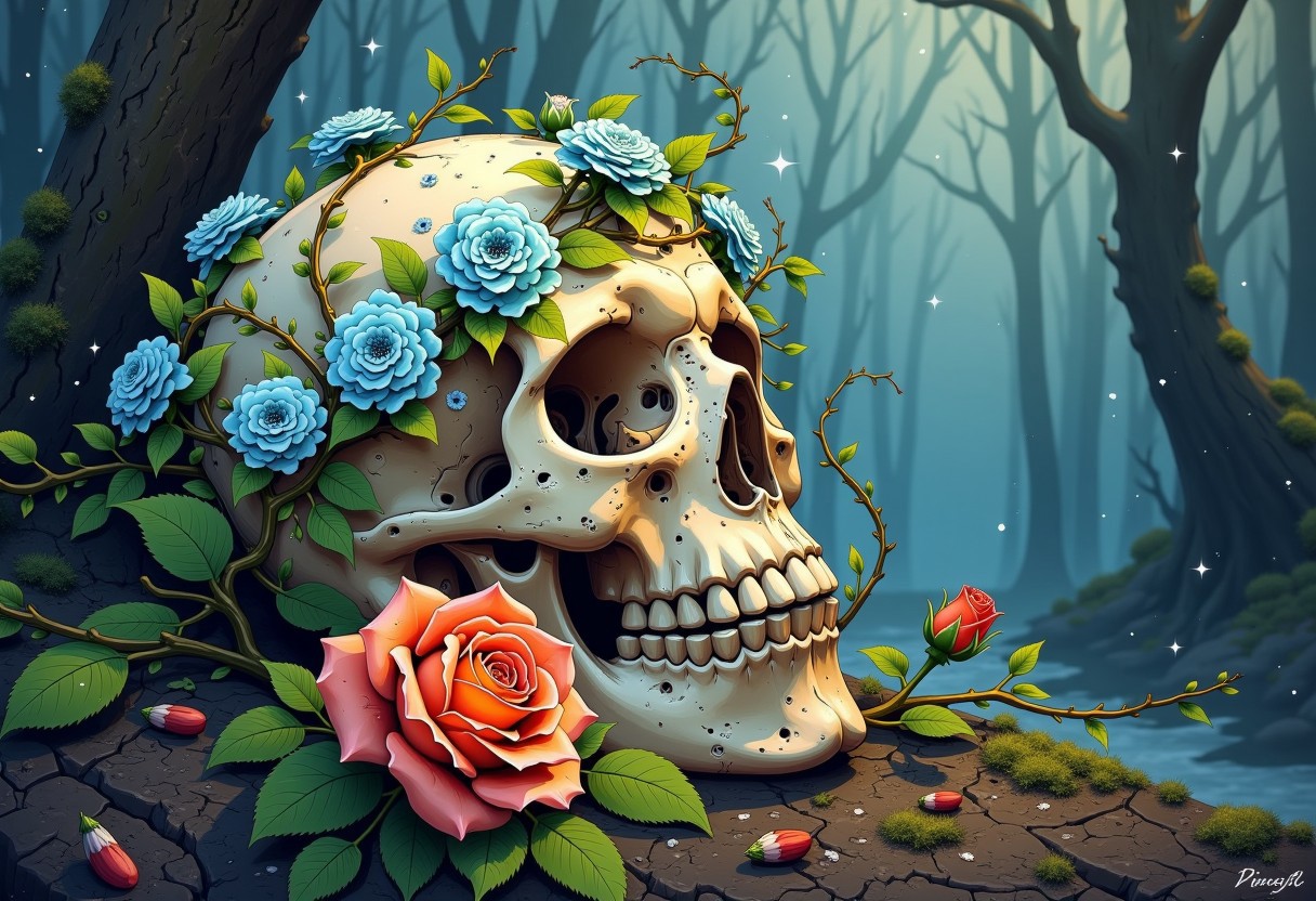 The image depicts a detailed and evocative still-life of a human skull resting on the forest floor, adorned with delicate vines and blooming flowers. A garland of light blue flowers, intertwined with green leaves, crowns the skull, adding a touch of life and softness to the otherwise morbid subject. A single, vibrant rose blooms at the base of the skull, its soft red-orange petals providing a striking contrast to the more muted earthy tones of the skull and the surrounding dark forest environment. The scene is illuminated by soft, ethereal light, with faint sparkles floating in the misty, twilight-like background, lending a magical, dreamlike quality to the composition. The colors transition from cool blues and greens in the background to the warm, earthy hues of the skull and flowers, creating a serene yet haunting juxtaposition of life and death. The style is highly detailed and painterly, with a surreal and slightly gothic atmosphere, combining elements of nature and decay.
