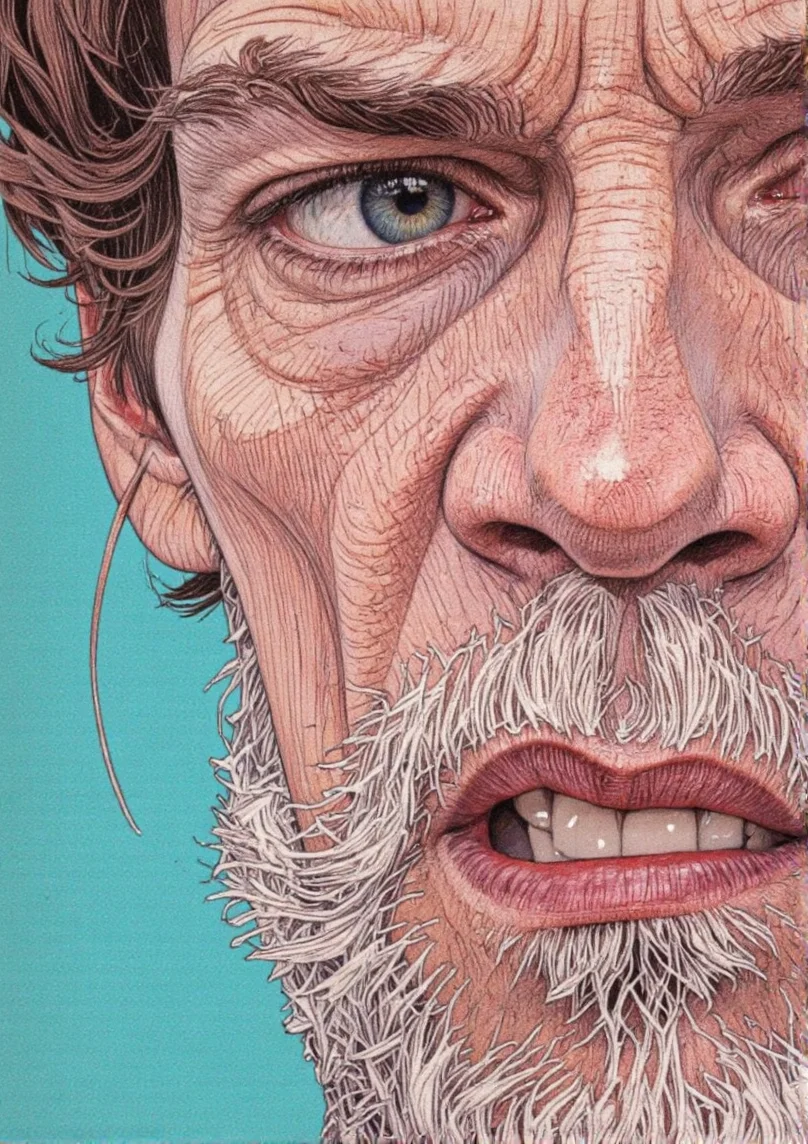 Art by Paco Gimenez. A close-up portrait of a man's face, drawn in a stylized, intricate line drawing style with a blend of geometric patterns and textured lines. the man appears to be in his mid-twenties, with short, dark brown hair and blue eyes. he has a serious expression, with his mouth slightly open, revealing sharp teeth and red lips. his facial features are detailed and realistic, with a slightly wrinkled texture. he is positioned in the middle of the image, facing the viewer, and his eyes are looking directly at the viewer. the background is a solid teal color, which contrasts with the man's facial features and creates a striking visual effect. the image is a high-quality, detailed illustration with a focus on the intricate lines and textures of his face, giving it a realistic and stylized appearance.