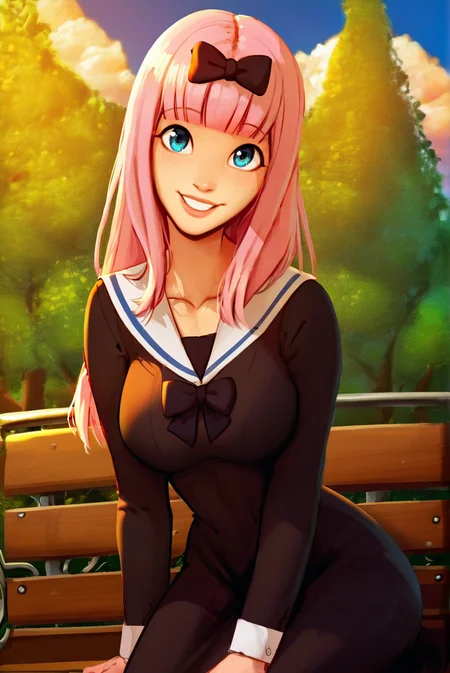 chika fujiwara, large breasts, long hair, bangs, blue eyes, bow, pink hair, hair bow, blunt bangs, black bow, long sleeves, dress, ribbon, collarbone, black dress, sailor collar, score_9, score_8_up, score_7_up, score_6_up, source_cartoon, rating _safe, looking at viewer, smiling, teeth, lips, in a park sitting on a bench with the sunset in the background, cloud, tree
<lora:Raichiyo_Style_v2:1>
<lora:pony_char_xl.chika-fujiwara-s3-ponyxl-lora-nochekaiser:0.5>