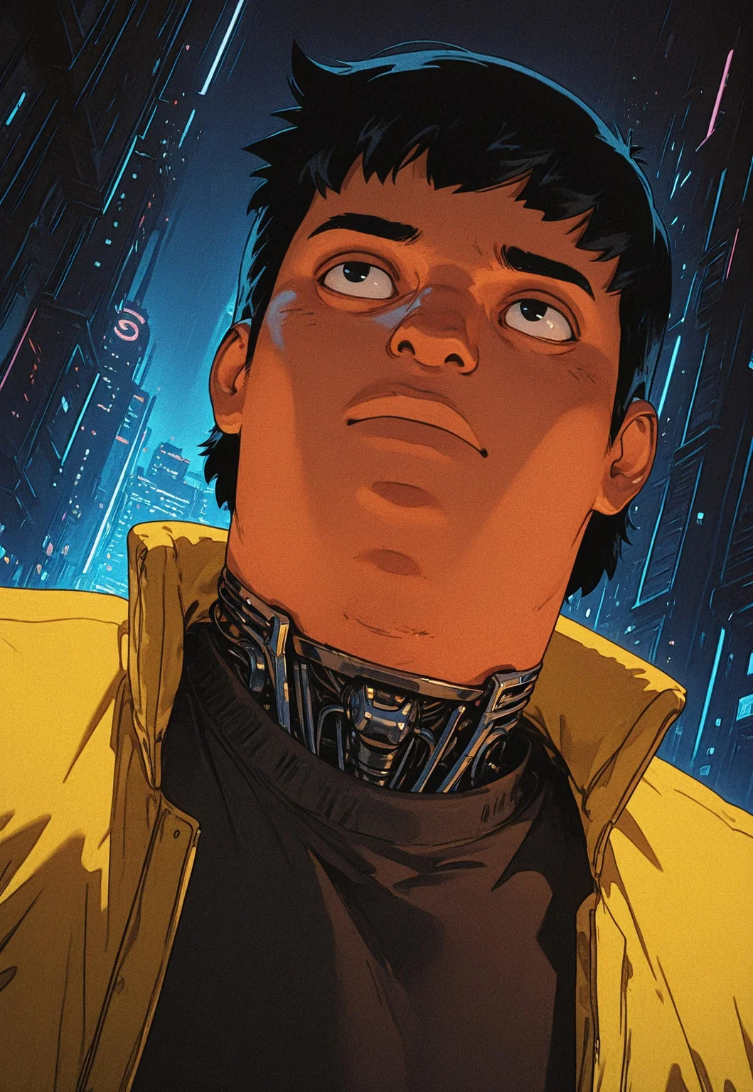 1boy, solo, (bb-gene), plump, portrait, upper body, yellow jacket, black hair, cyberpunk, cyborg, detailed, masterpiece, dynamic angle, dramatic lighting, neon, city, 1990s,