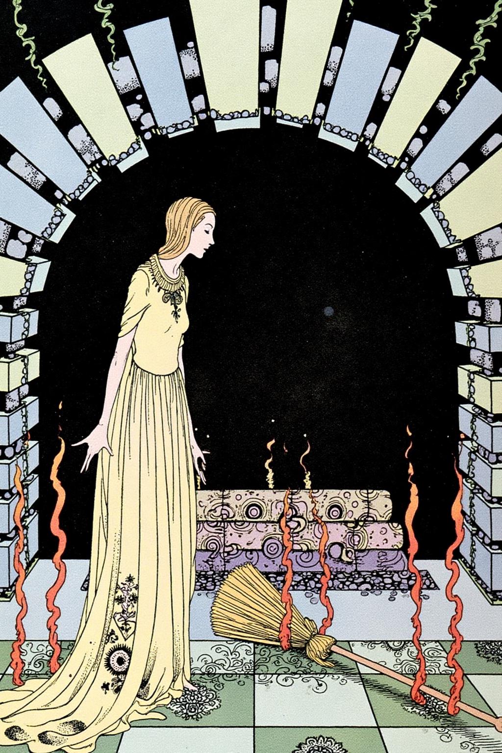 sterrett1 illustration. 
a woman standing in front of a large, arched stone fireplace. She is dressed in a long, flowing gown with intricate patterns, adorned with stars and swirls. There is a burning broomstick lying on the ground.
 <lora:sterrett1_cap_d6a3e8:1.0><lora:837014114669765104:0>