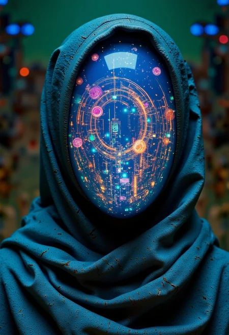 An infinite, labyrinthine corridor of numbers stretches endlessly in all directions, suspended in a cosmic haze of neon hues—pinks, blues, greens, and a pale, decaying yellow. The artwork is a high-quality digital piece, portraying a SentinelBot—a cyborg Bedouin with an exquisitely delicate design. The composition focuses on an upper-body close-up, showcasing the captivating blend of artificial aesthetics and aged, intricate technology.
The SentinelBot's skin is a smooth, porcelain-like synthetic material with a faint, opalescent sheen, marred by subtle cracks and wear that hint at decades of use. Metallic joints and exposed mechanisms peek through the worn surface, revealing a complex inner structure of filigree-like circuits and finely machined components. Her face is partially shrouded in shadow, high collar,
Her attire reflects a fusion of traditional Bedouin influences and futuristic design with deep, glowing hues of cobalt blue, amethyst, and emerald green, evoking the vastness of a starlit desert night.