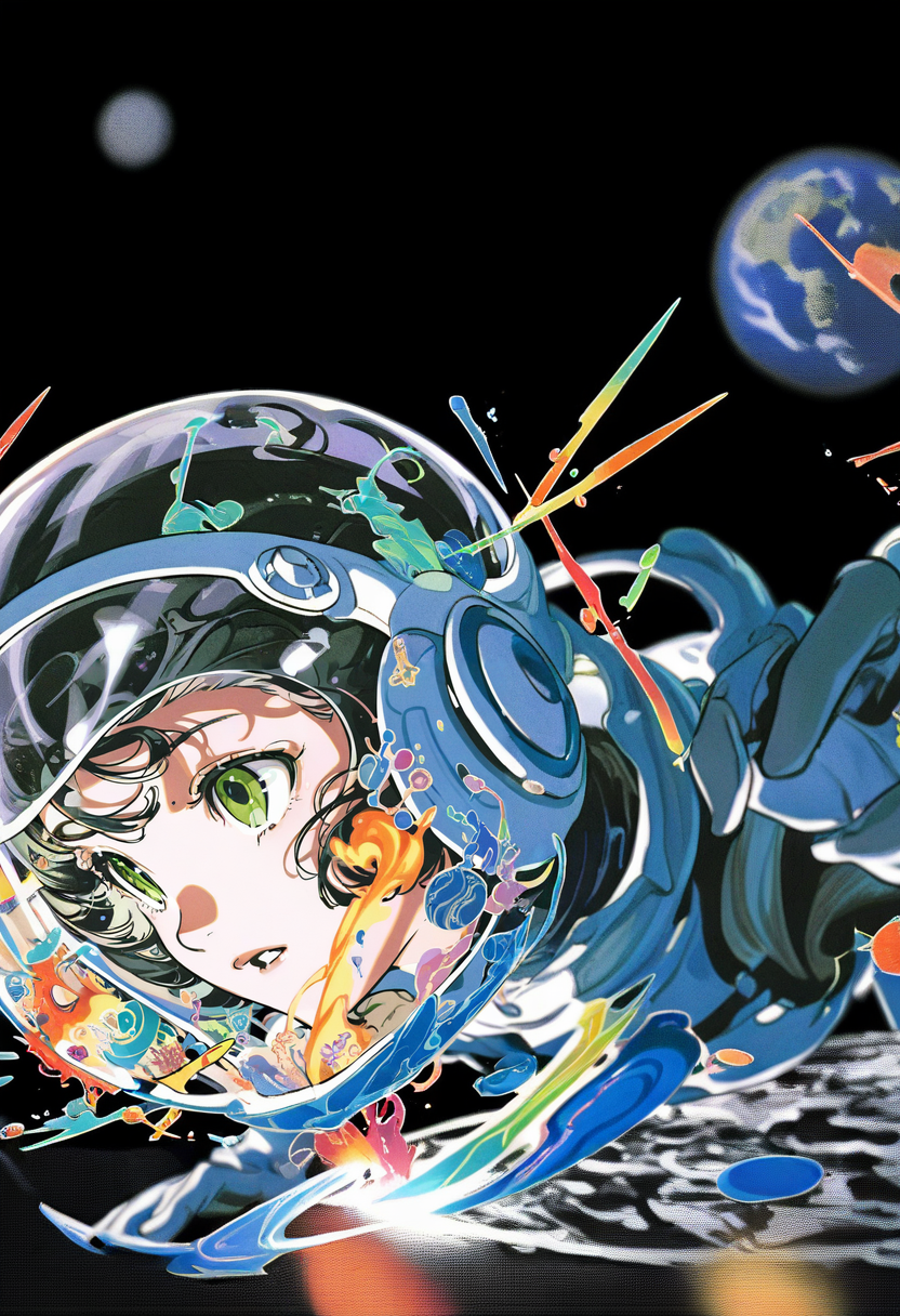 1girl, space helmet, solo, space, spacesuit, planet, green eyes, blurry, black background, earth \(planet\), parted lips, bangs, black hair, open mouth, helmet <lora:yoneyamaiXL_NBVP1_lokr_V6311PZ:0.95>