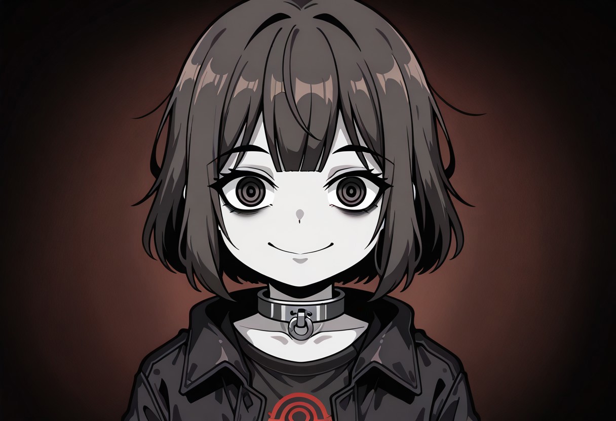 lazypos, character focused, anime girl, short hair, messy bangs, haunted expression, wide eyes, pale skin, dark circles, blood stains, eerie smile, oversized jacket, neck collar, unsettling gaze, horror theme, grunge shading, muted colors, broken psyche, psychological horror, minimal background, distressed texture, creepy aesthetic, SurioStyle