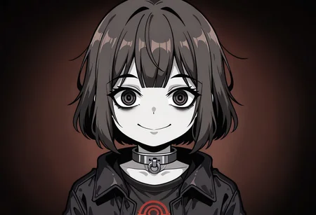 lazypos, character focused, anime girl, short hair, messy bangs, haunted expression, wide eyes, pale skin, dark circles, blood stains, eerie smile, oversized jacket, neck collar, unsettling gaze, horror theme, grunge shading, muted colors, broken psyche, psychological horror, minimal background, distressed texture, creepy aesthetic, SurioStyle