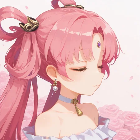 (fuxuan:1.1),(pink hair:1.3), long hair,(twintails:1.1),hair rings,hair ornament,forehead jewel,brown eyes,
(masterpiece, best quality), pink rose background, profile, close shot,  :3, white choker, (closed eyes:1.1),bare_shoulders, collarbone, earrings, jewelry, hair behind ear, facing_away, Simple background