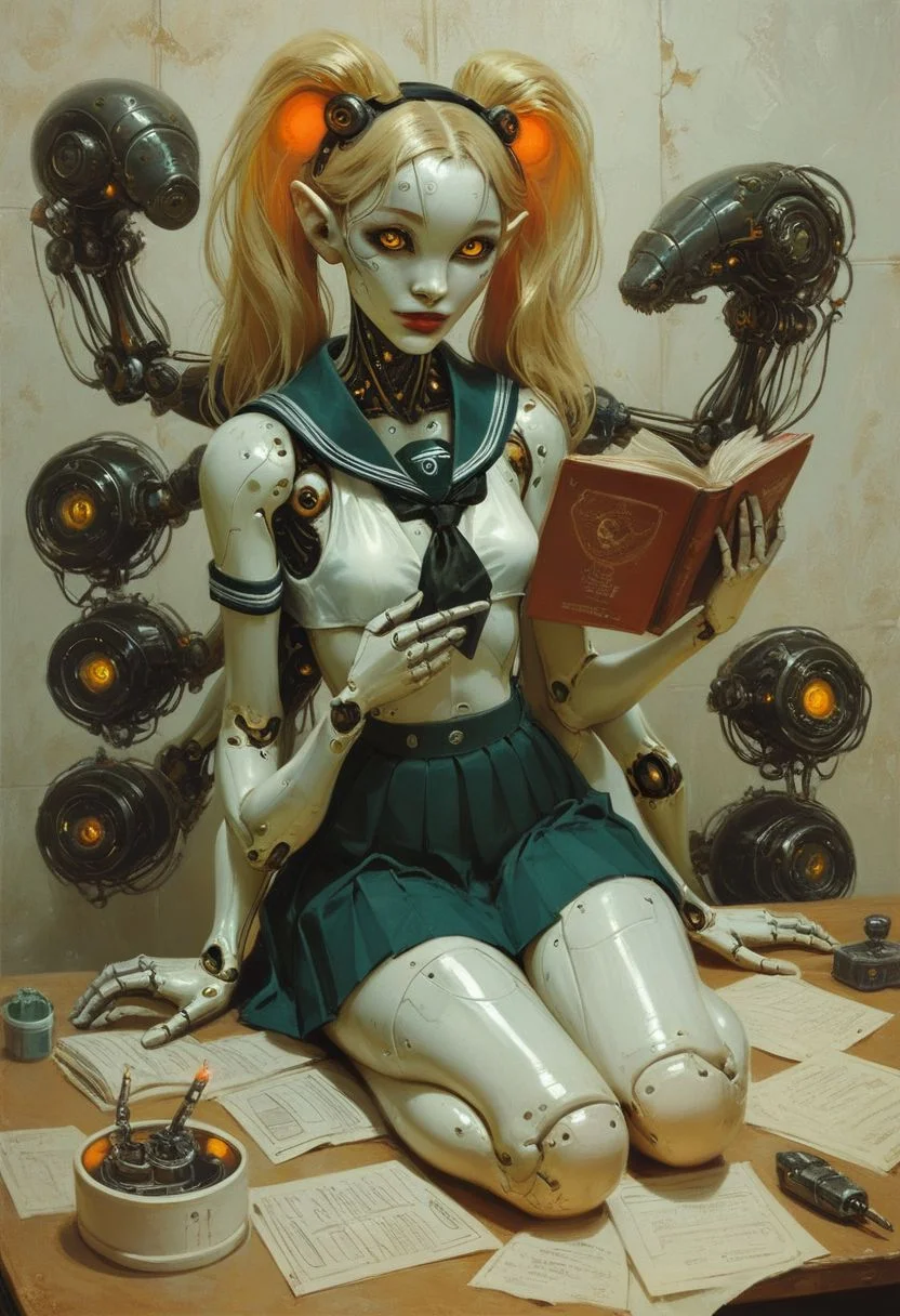 score_9, score_8_up, score_7_up, 1girl, photography of a cute girl, 18yo, (4 arms, robot arms:1.2), red lips, (white skin:1.5), (cyberpunk, scifi, futuristic:1.2), glowing orange eyes, blonde hair, twintails, small breasts, narrow hips, (school uniform:1.2), boots, shiny skin, full body, sitting at a desk, typing on a keyboard, holding a book, happy, reelmech, mechanical parts, machinery, joints