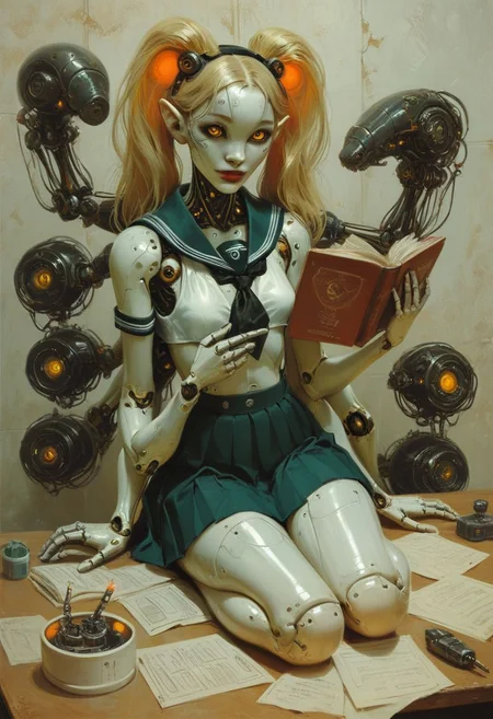 score_9, score_8_up, score_7_up, 1girl, photography of a cute girl, 18yo, (4 arms, robot arms:1.2), red lips, (white skin:1.5), (cyberpunk, scifi, futuristic:1.2), glowing orange eyes, blonde hair, twintails, small breasts, narrow hips, (school uniform:1.2), boots, shiny skin, full body, sitting at a desk, typing on a keyboard, holding a book, happy, reelmech, mechanical parts, machinery, joints