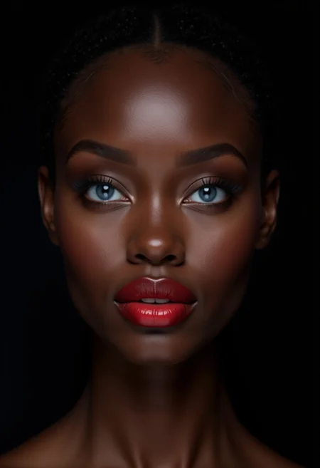 Frontal photo of very beautiful ebony woman, perfect blue eyes, plump red lips, beautiful makeup, black background, soft side light, high detail, masterpiece of photography,Ebony AI Women