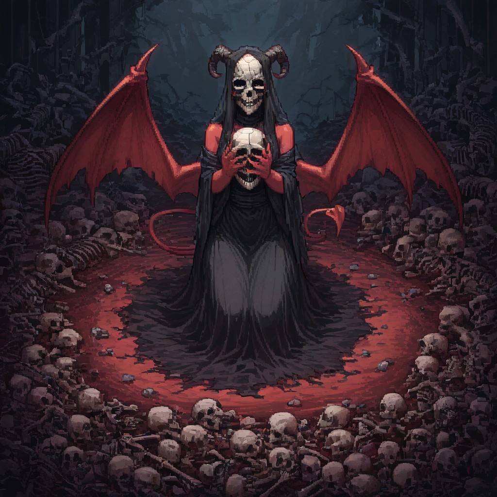 masterpiece, best quality, newest, absurdres, highres, PCSVIL-V1.0, pixel art, 1girl, red skin, red colored skin, demon girl, succubus, demon horns, horns, demon wings, demon tail, wings, horror (theme), monster girl, skull, skull mask, bones, skeleton, veil, veiled face, mask,