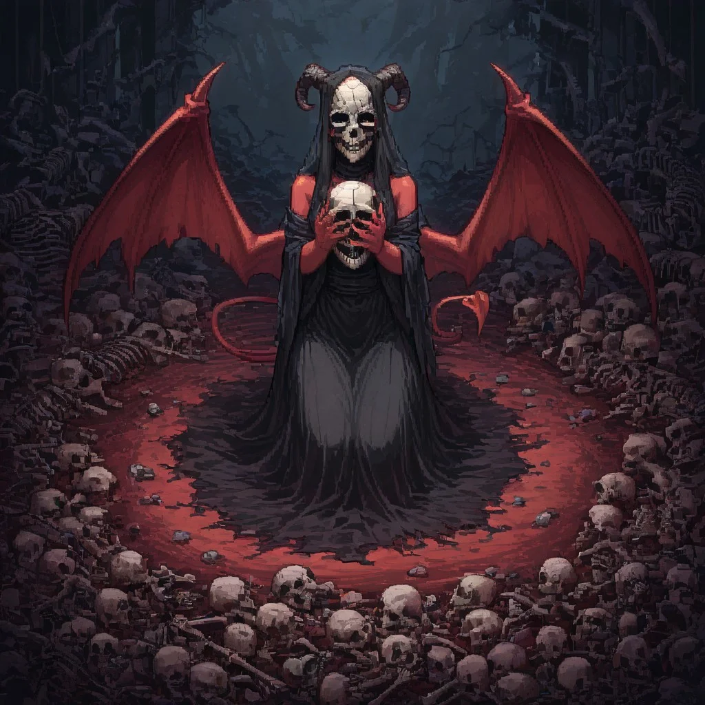 masterpiece, best quality, newest, absurdres, highres, PCSVIL-V1.0, pixel art, 1girl, red skin, red colored skin, demon girl, succubus, demon horns, horns, demon wings, demon tail, wings, horror (theme), monster girl, skull, skull mask, bones, skeleton, veil, veiled face, mask,