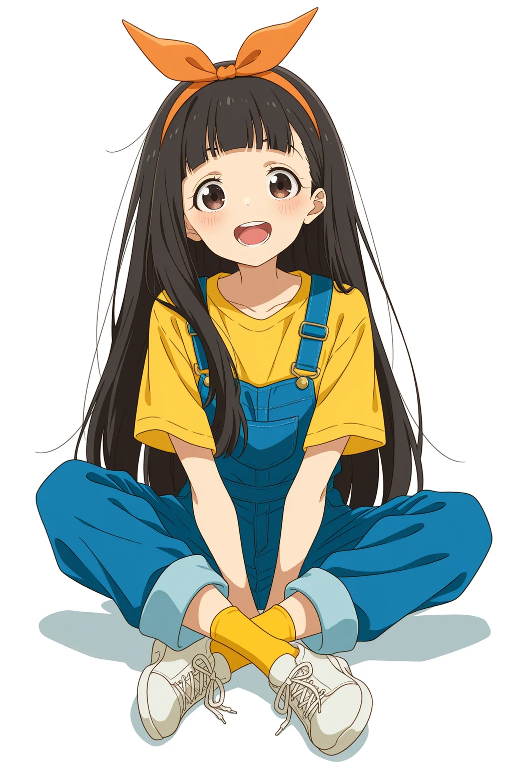 <lora:nukumizu_kaju_illustrious-000024:1>,
TMLH_NK,1girl,solo,long hair,black hair,shirt,simple background,blue overalls,open mouth,smile,brown eyes,looking at viewer,short sleeves,hairband,yellow t-shirt,teeth,ribbon,orange hairband,blunt bangs,blush,:d,hair ribbon,white_background,yellow socks,white shoes,crossed_legs