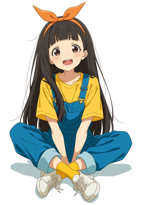 <lora:nukumizu_kaju_illustrious-000024:1>,
TMLH_NK,1girl,solo,long hair,black hair,shirt,simple background,blue overalls,open mouth,smile,brown eyes,looking at viewer,short sleeves,hairband,yellow t-shirt,teeth,ribbon,orange hairband,blunt bangs,blush,:d,hair ribbon,white_background,yellow socks,white shoes,crossed_legs