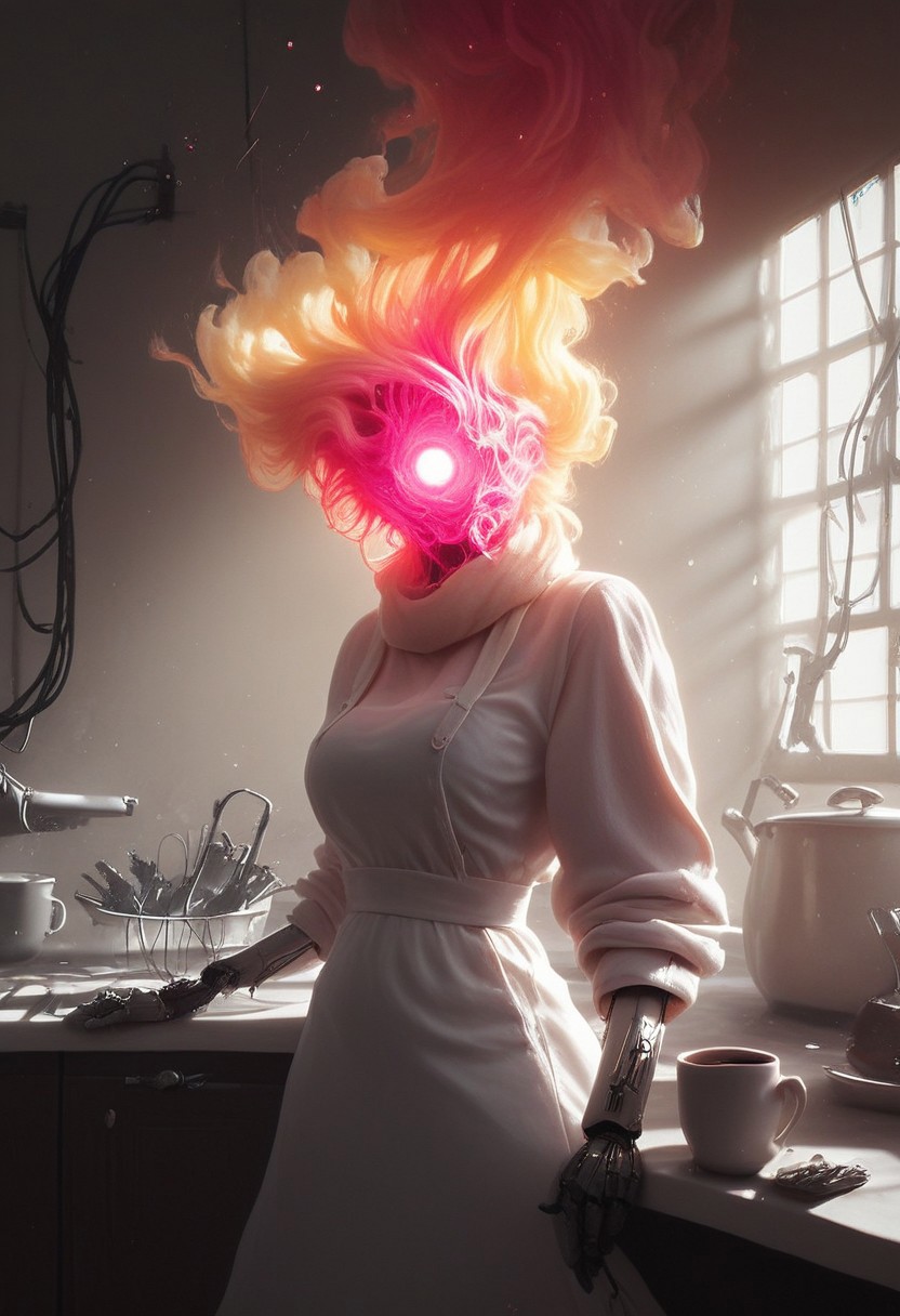 score_9, score_8_up, score_7_up, score_6_up, Woman, Standing, cozy tight Pyjama, vibrant pink burning-head Ethereal Hair, kitchen, vintage, cozy morning light, Coffee mug, Steam, photorealistic, Photo, masterpiece, high Quality, hyper detailed, volumetric lighting, fluffy, reelmech, mechanical parts, cable, wires, machinery, joints, Closeup Portrait, floating particles, deep blacks, high contrast,