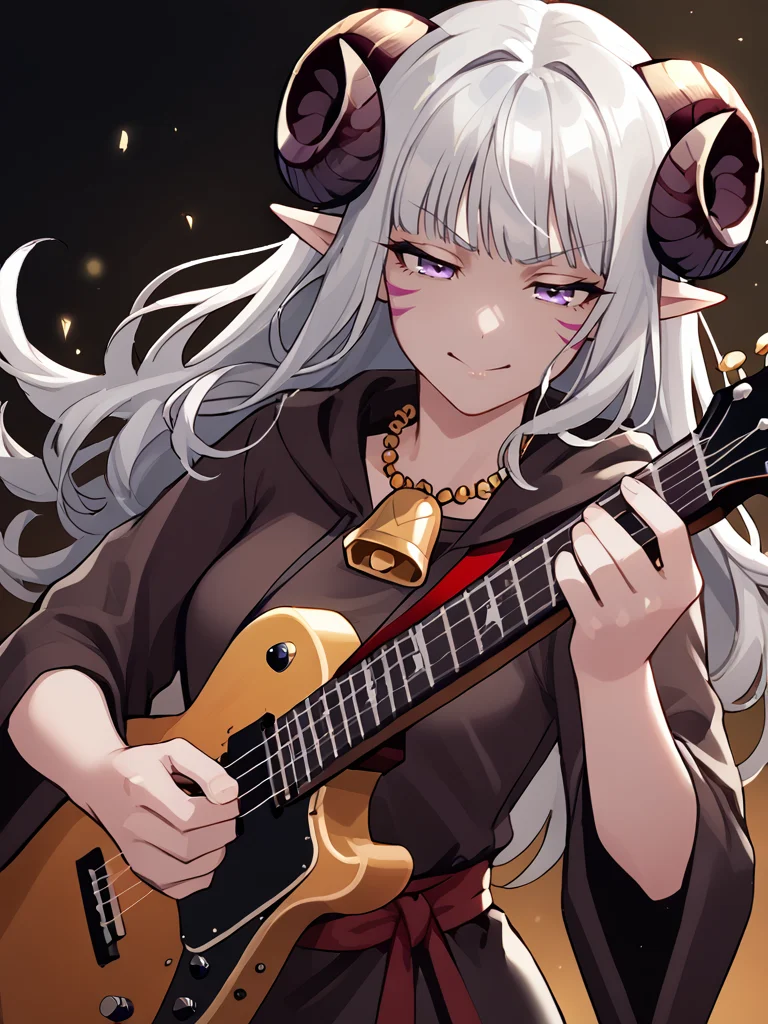 <lora:electric_guitar___playing_instrument:0.8> electric_guitar, playing_instrument,source_furry, score_7_up, rating_safe, cowboy shot, gold necklace, tiefing, short pointed ears, horns, (a pair of brown sheep Horns that begin at her temples and curve back: 1.5), bangs,long silver hair long wavy hair, pale skin,<lora:whisker_markings:0.8> whisker_markings , pointy ears, purple eyes:1.2, <lora:age_slider_v4:0.6> medium breasts, skinny female, close up, silver hair <lora:Tieflingnew weird fantasyDND:0.3> Tiefling, pointed ears, horns, from above, angry, half-closed eyes:1.5, smile mouth:1.2,<lora:Smooth Style 2 SDXL_LoRA_Pony Diffusion V6 XL:0.5> shepherd's crook, bell, robe, hood off, <lora:Nanoless_Artist_Style_PonyXL:0.3>
