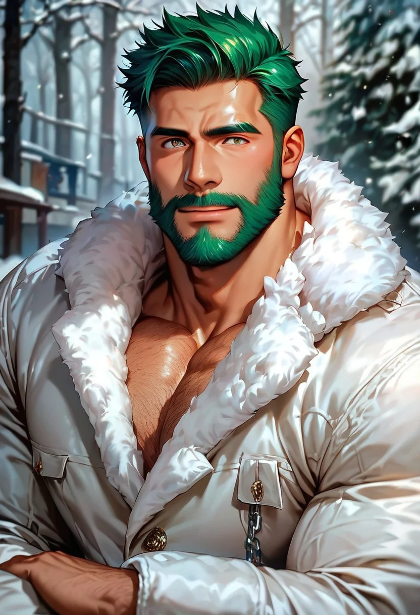 score_9,score_8_up,score_7_up, score_9, score_8_up, Intricate Details, Masterpiece, Best Quality, 1man, mature, bara, solo, male focus, bulky, correct anatomy, perfect hands, stylized seinen anime style, lots of details, shaded skin, shaded, detailed shading, detailed skin, counter shading, tan skin, bodybuilder, dressed for the cold, fur jacket, long sleeves, snow falls, green hair, brown colored eyes, masculine features, older man, full beard, tour guide