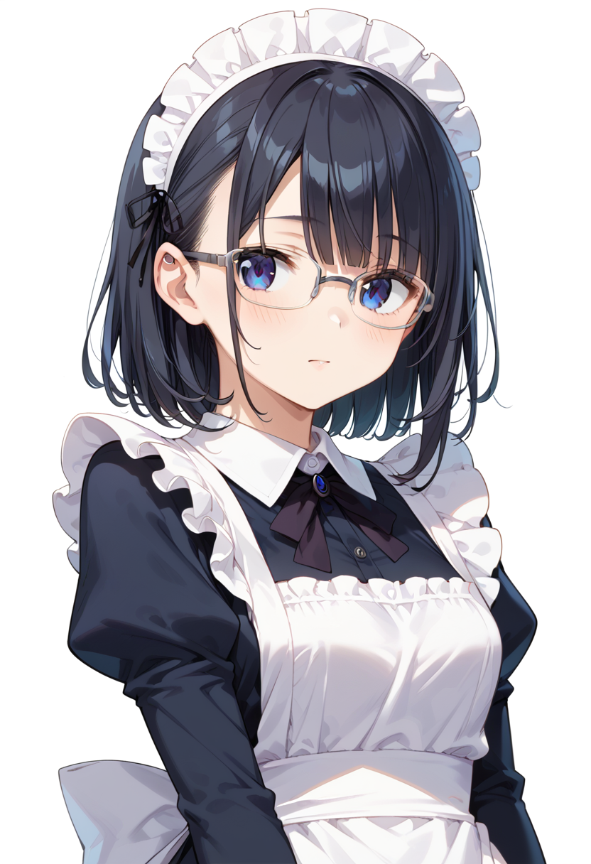 score_9, score_8_up, score_7_up, rating_safe, masterpiece, best quality, absurdres, unity 8k wallpaper, official art, official style, source_anime, uncensored, game cg, megami magazine,
1girl, solo, black hair, medium hair, upper body, covered eyes,maid, maid headdress, black dress, maid apron, face focus,
halfrim22A,  still life, white background, simple background, grey-framed eyewear,
 <lora:glasses_halfrim22A_PONY_V1:1>