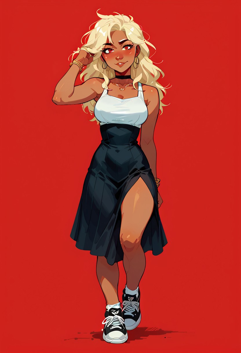 score_9, score_8_up, score_7_up, score_6_up, score_5_up, score_4_up, sexy girl,  solo female, 29 years old, score_9,score_8_up,score_7_up,score_6_up,  red background, simple background, full body shot,
cute woman, leotard, skirt, sneakers, jewelry, dark skin