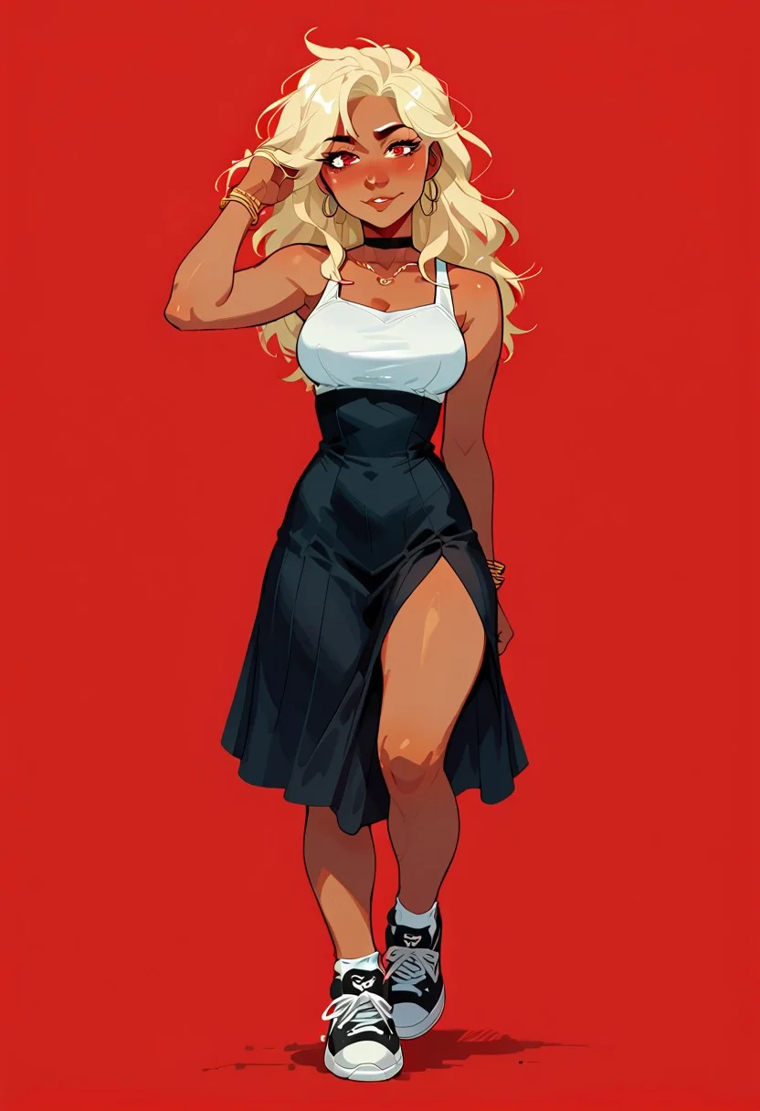 score_9, score_8_up, score_7_up, score_6_up, score_5_up, score_4_up, sexy girl, solo female, 29 years old, score_9,score_8_up,score_7_up,score_6_up, red background, simple background, full body shot,
cute woman, leotard, skirt, sneakers, jewelry, dark skin