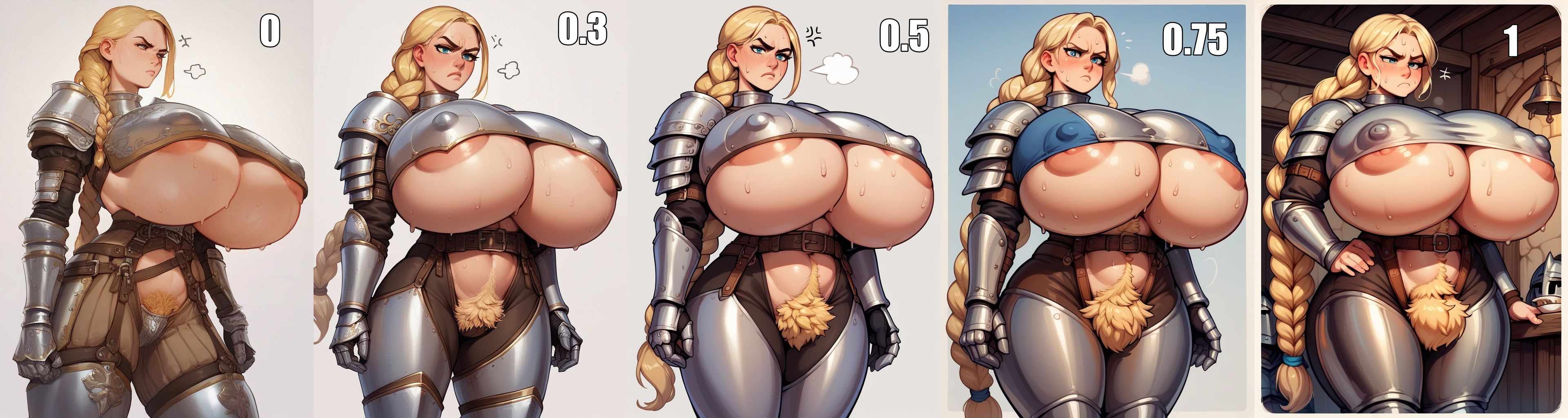 girl, very long single braid hair, blonde hair, annoyed, thick curvy busty, medieval fantasy, skimpy knight armor, breastplate, armored harness, large breasts, hyper breasts, nipple outline, areola, pubic hair, blonde pubes, excessive pubes, under boob, fully dressed, sweat, armored leggings, codpiece, 
