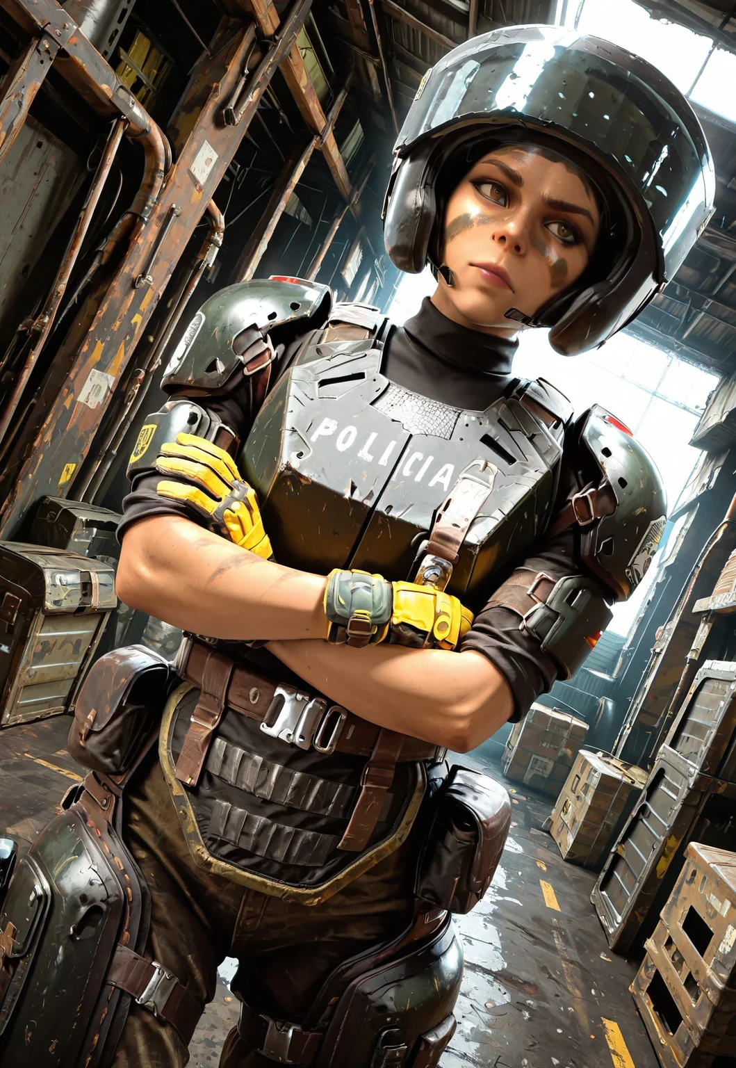 lazypos, masterpiece, best quality, dynamic angle, 1girl, solo, mirar6s, brown eyes, helmet, face shield, facepaint1, body armor, black turtleneck, shoulder pads, yellow gloves, arms crossed, warehouse, detailed scenery