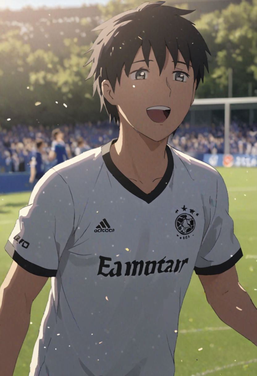 Highres, Masterpiece, High Quality, 4K, 8K, solo, 1Boy, Takaki Toono, adult, black hair, short hair, Soccer Boy, soccer player, field, happy, tired, celebration, sunny day, easynegative, detailed_eye_model