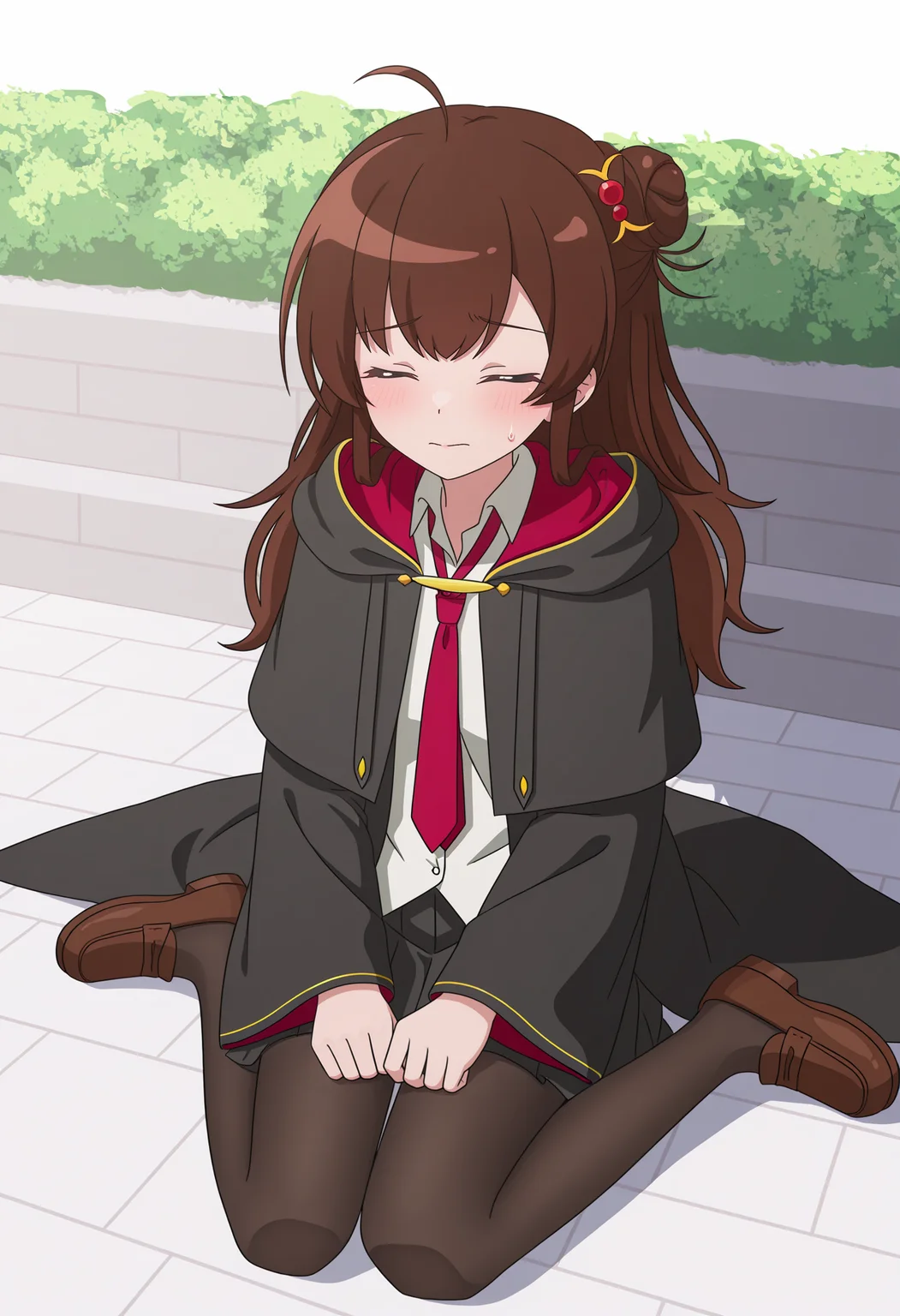 <lora:Meg Raspberry_illustrious-000022:1>,
Meg Raspberry,solo,outdoors,necktie,ahoge,shirt,facing viewer,red necktie,white shirt,school uniform,hair ornament,robe,collared shirt,single hair bun,hood,sitting,long sleeves,black pantyhose,black skirt,loafers,hands_on_lap,shy,blush,steam,sweatdrop,wariza,simple_background,white_background