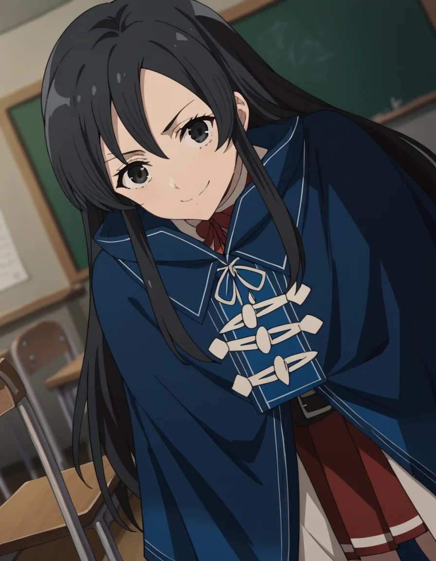 score_9, score_8_up, score_7_up, source_anime,
shizukananahoshi, <lora:shizuka-nanahoshi-s2-ponyxl-lora-nochekaiser:1>,
shizuka nanahoshi, long hair, black hair, black eyes, sidelocks,
skirt, long sleeves, pleated skirt, belt, cape, red skirt, blue cape,
indoors, classroom, bent over, smile,
solo, dutch angle, looking at viewer, cowboy shot,