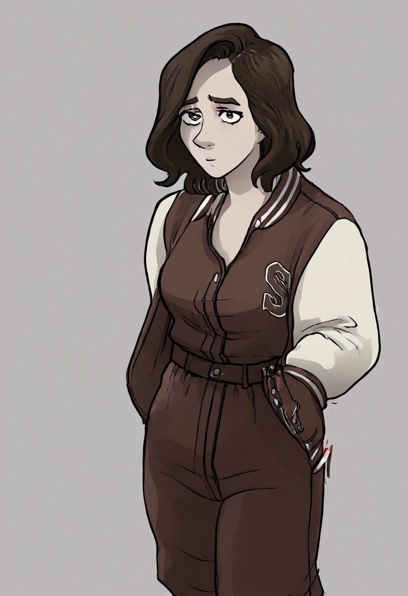 Stella_SH,brown_hair, medium hair,1girl,jumpsuit, letterman jacket