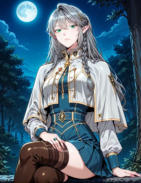 <lora:Tessia_Eralith__The_Beginning_After_the_End__Illustrious_v1-000008:1>
1 girl, solo, elf, pointy ears, green eyes, grey hair, braid, side braid, french braid, hair bettween eyes, bangs, long hair, ahoge
uniform, white capelet, white shirt, long sleeves, blue skirt, thigh boots, hair ornament, ring, jewelry
(Anime_source),Masterpiece,(perfect female body:1.2), small waist,(incredibly detailed:1.4), slim, beautiful fingers, parted lips, looking at viewer, sitting , crossed legs, looking at viewer, night, blue moon, <lora:iLLMythG0thicL1nes:1>