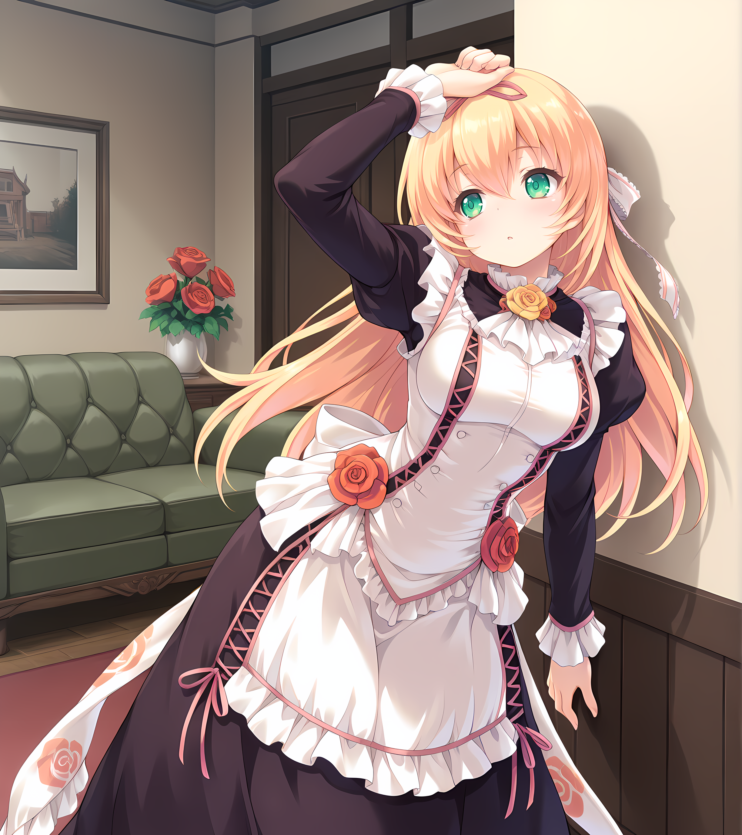 <lora:Alicia_Close_ã¢ãªã·ã¢ã¯ã­ã¼ãº_-_Escude_-_Relord:0.8>,aliclose,blonde hair,long hair,green eyes,medium breasts,rose,hair ribbon,black dress,apron dress,sash,standing,leaning to the side,against wall,arm up,indoors,living room,, masterpiece,best quality,amazing quality,