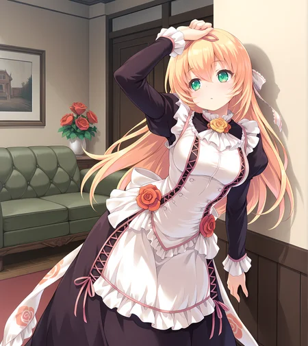<lora:Alicia_Close_ã¢ãªã·ã¢ã¯ã­ã¼ãº_-_Escude_-_Relord:0.8>,aliclose,blonde hair,long hair,green eyes,medium breasts,rose,hair ribbon,black dress,apron dress,sash,standing,leaning to the side,against wall,arm up,indoors,living room,, masterpiece,best quality,amazing quality,