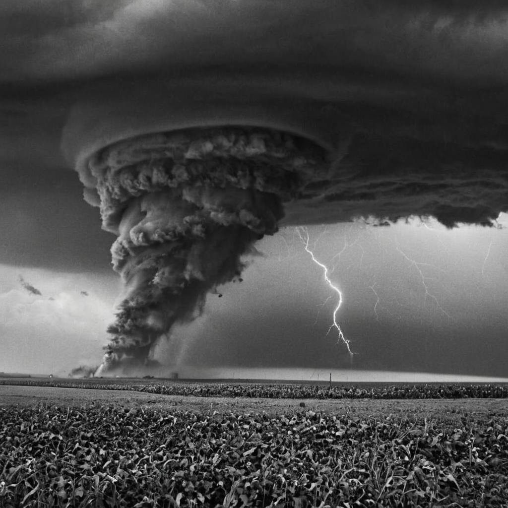 a (black and white:1.5) photo of a huge tornado approaching, dark dense clouds, strong wind blowing on the fields, crops blown by exreme wind, several incredible lightnings in the sky, dramatic light, hyper realism, high contrast, (heavy grain:1.5) film, extreme details, intricate details, 8k, 35mm photo, photorealism, realistic photo, national geographic style, masterpiece