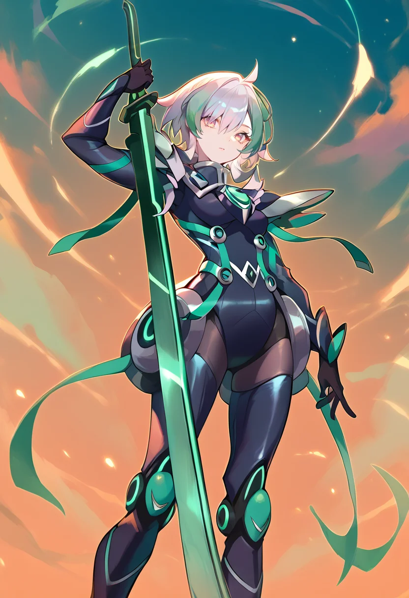 (score_9:0.9),score_8_up,score_7_up,anime style,rating_safe,(zPDXL),<lora:sky striker ace - camellia ponyXL v2:0.82>,sky striker ace - camellia,1girl,black battle costume,weapon,holding,holding weapon,green katana,holding green katana,standing,